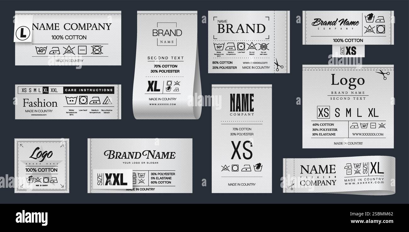 Realistic laundry labels. Clothing tags, 3d vector set of fabric ...
