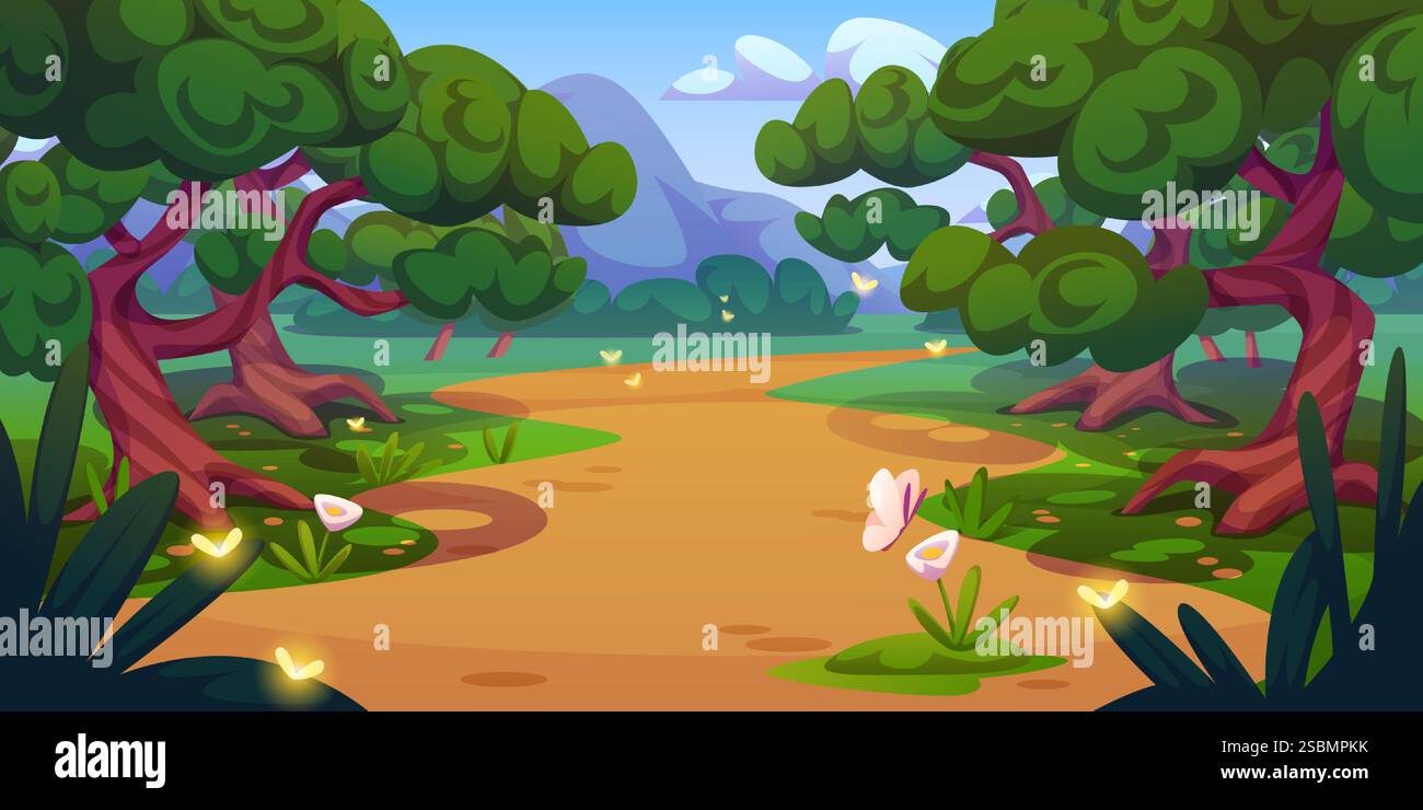 Summer mountain valley with neon flowers and butterflies. Vector ...