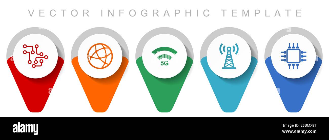 Technology and computer pointer collection, miscellaneous icons such as chip, globe, 5g, antenna and computer, flat design vector infographic template Stock Vector