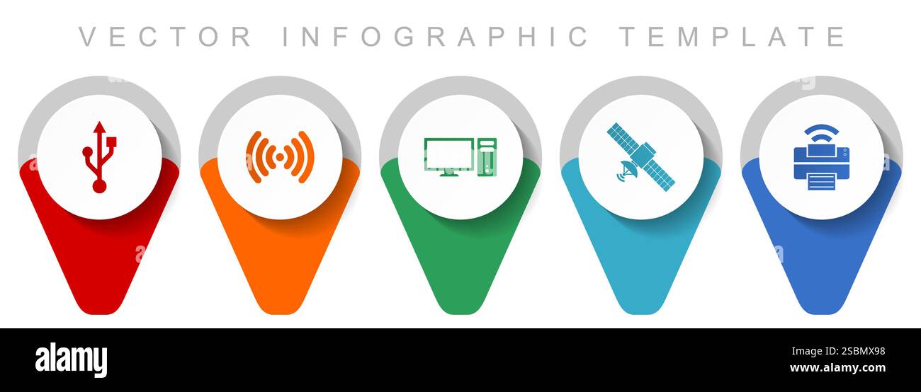 Technology pointer collection, miscellaneous icons such as usb, wifi, computer, satellite and printer, flat design vector infographic template in eps Stock Vector