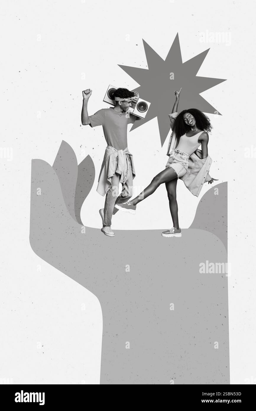 Vertical collage of big drawing arm palm hold two black white gamma excited people listen boombox music dancing Stock Photo