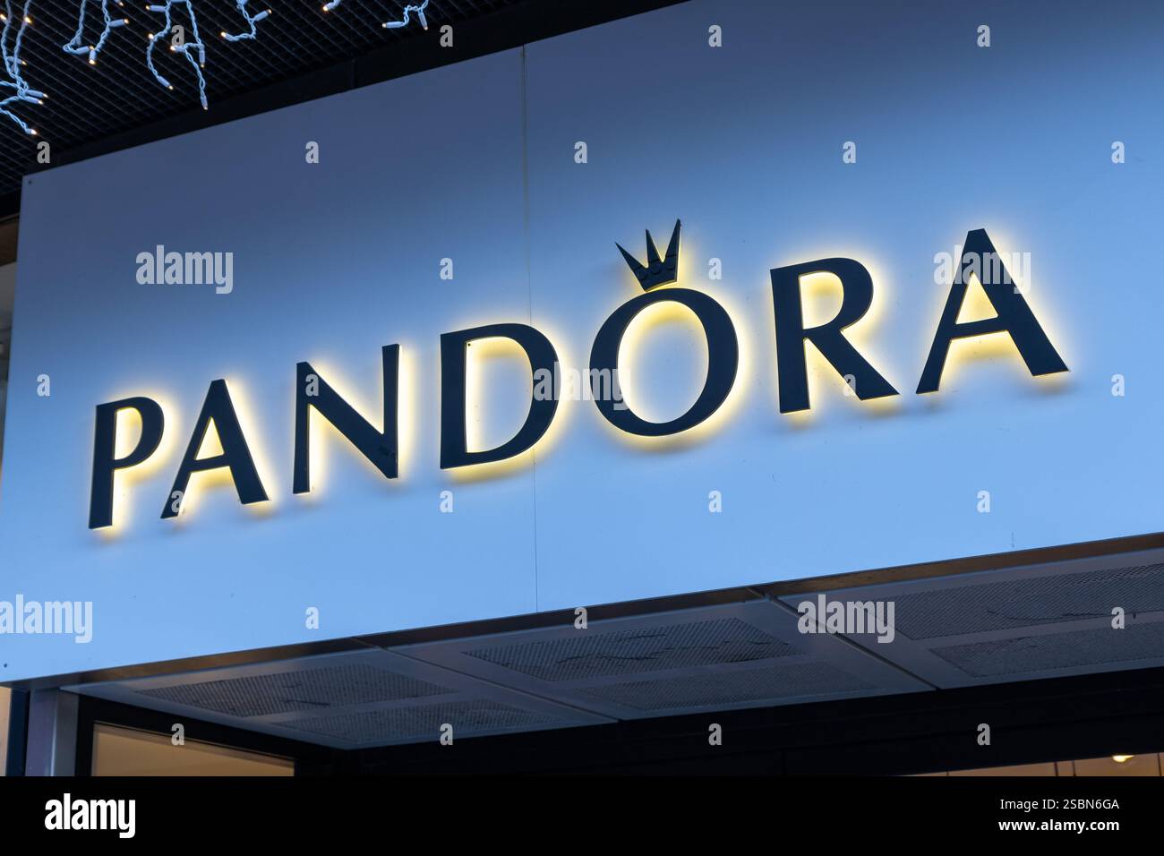 Pandora Juwelier shop, logo above the entrance. Top quality jewellery store, watches and wedding rings Stock Photo