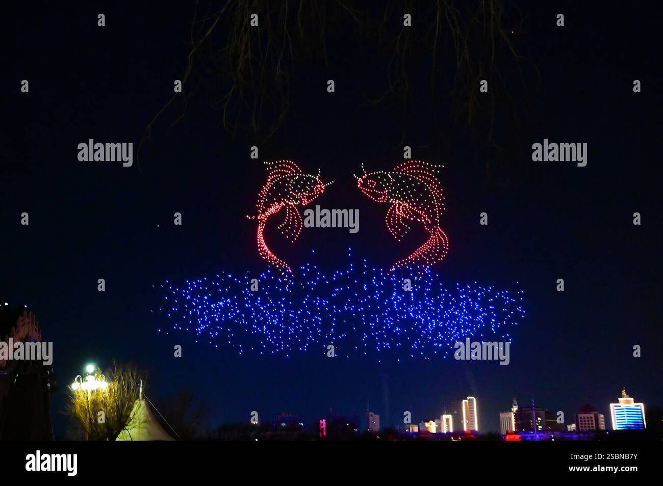Tourists watch a Chinese Lunar New Year drone light show near Dongchang
