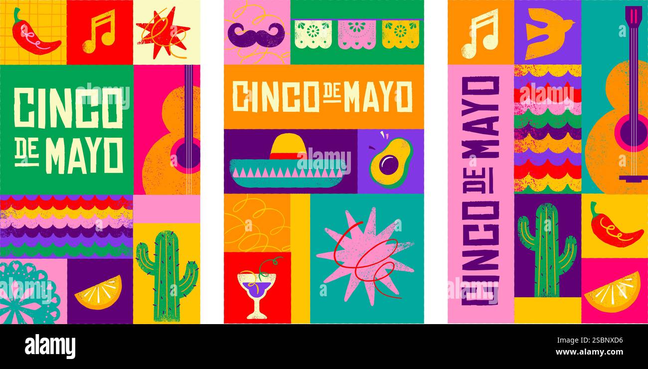 Cinco De Mayo Colorful, bold design in vibrant colors. Hand drawn textured Mexican elements ...