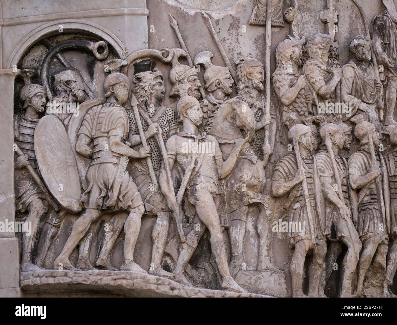 Rome. Italy. Column of Marcus Aurelius (AD 193), on Piazza Colonna. Detail of a relief scene depicting a battle of the Marcomannic Wars, late 2nd cent Stock Photo