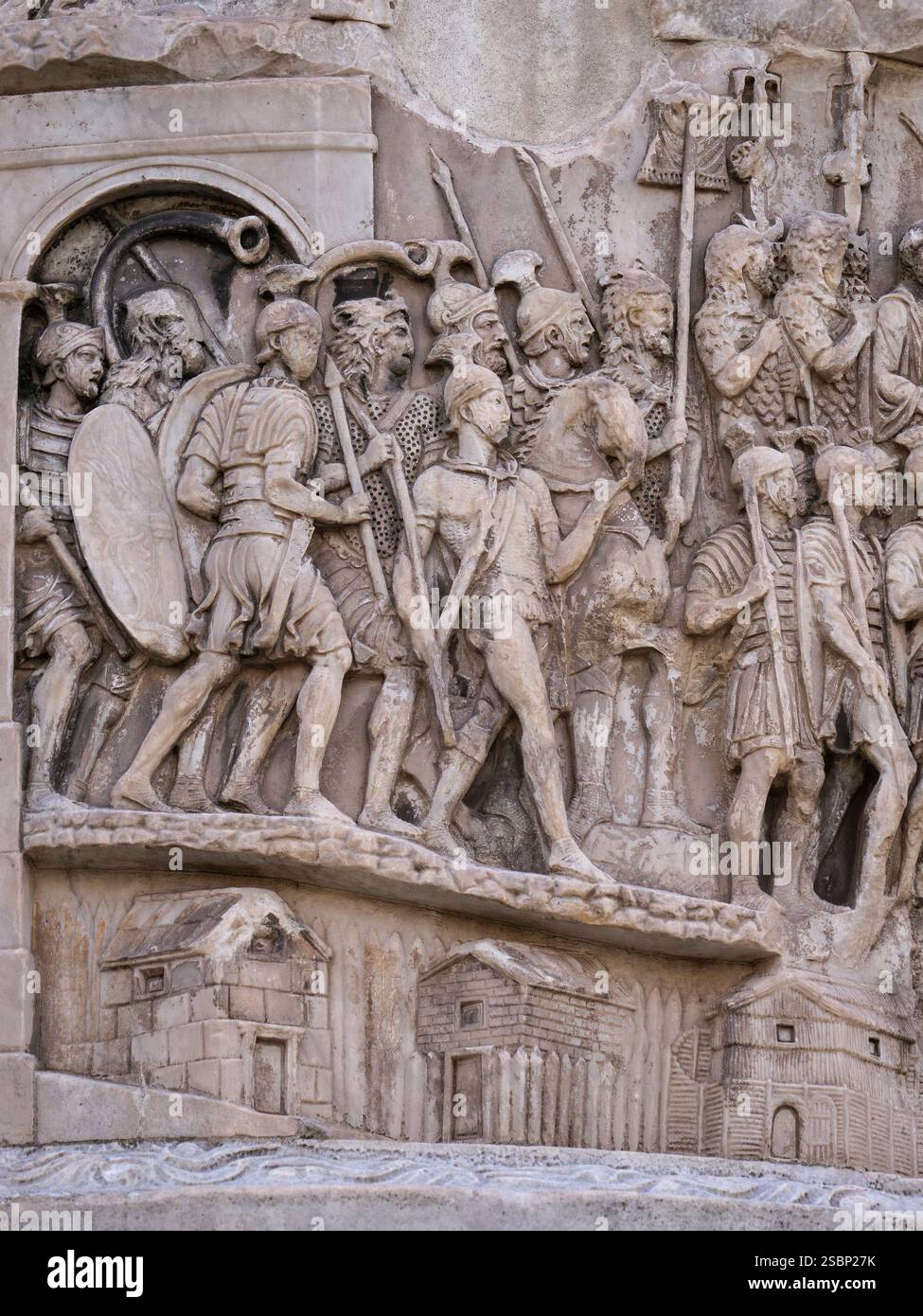 Rome. Italy. Column of Marcus Aurelius (AD 193), on Piazza Colonna. Detail of a relief scene depicting a battle of the Marcomannic Wars, late 2nd cent Stock Photo