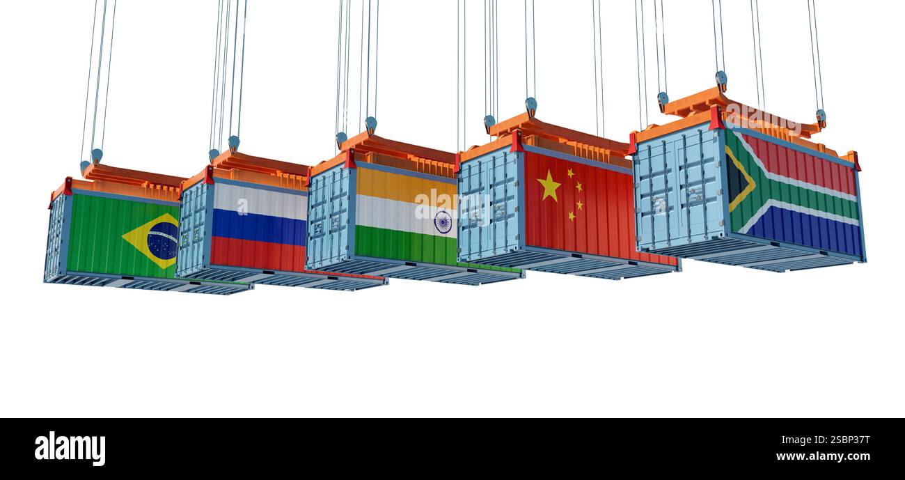 Cargo Container with Brazil, Russia, India, China and South Africa Flag, Brics Nation. 3D Rendering Stock Photo