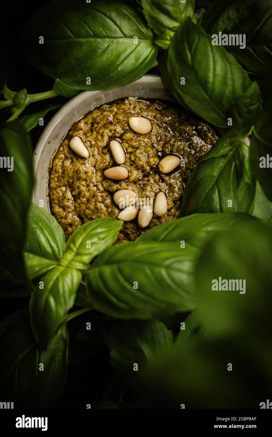 Homemade green pesto with pine nuts and basil Stock Photo