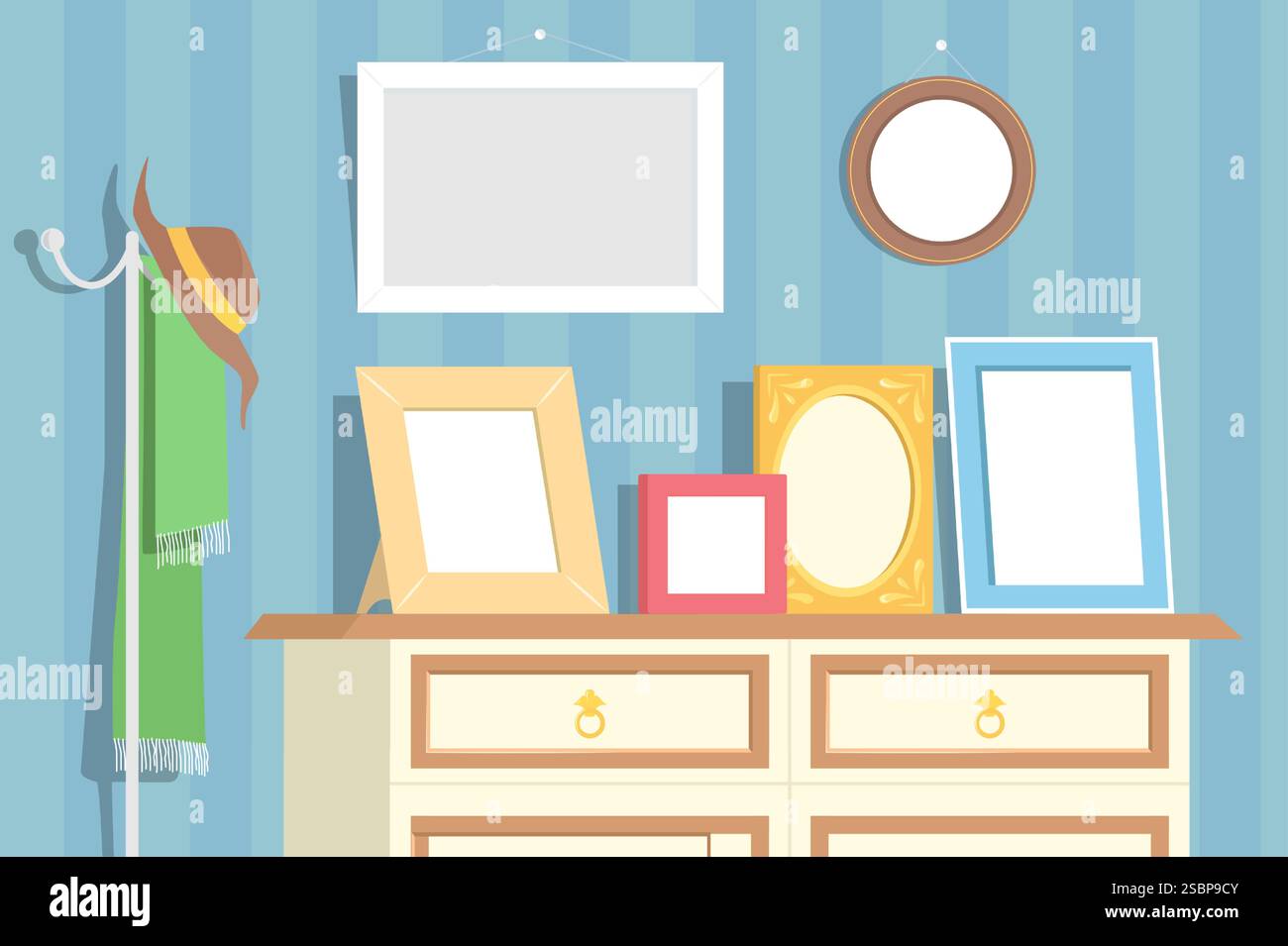 Photo frames on home chest of drawers vector illustration Stock Vector ...