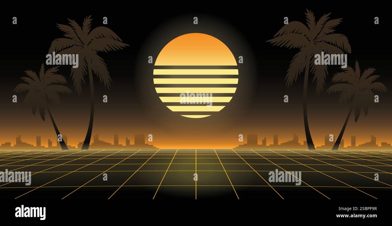 1980's neon sci fi landscape. Retrowave, synthwave vector background ...