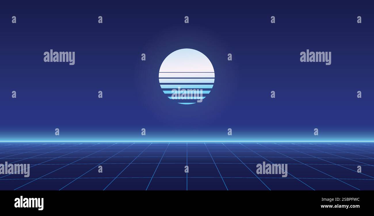 1980's neon sci fi landscape. Retrowave, synthwave vector background ...