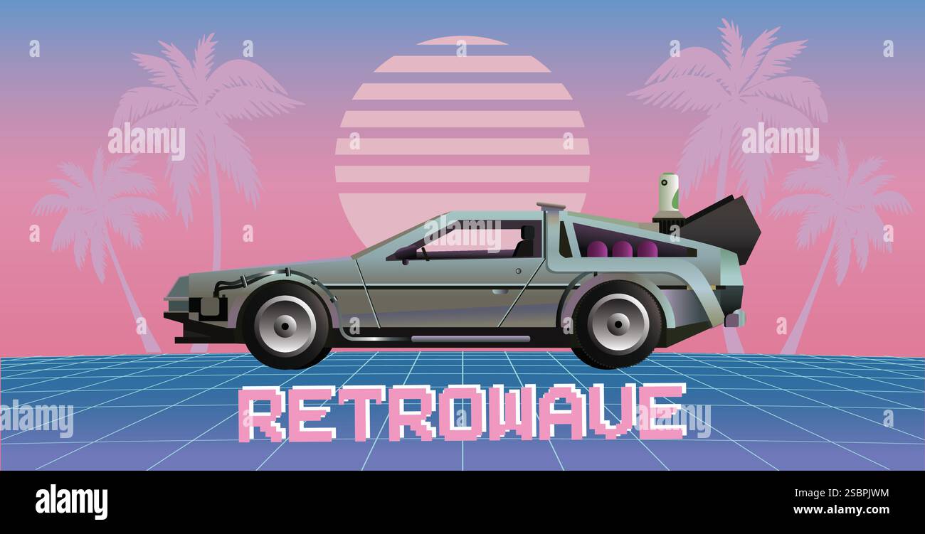 1980's neon sci fi landscape. Retrowave, synthwave vector background ...
