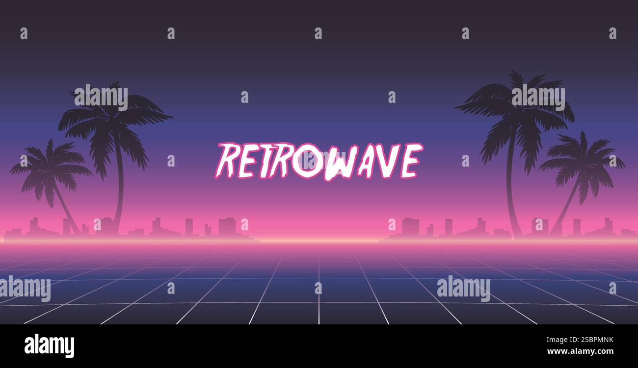 1980's neon sci fi landscape. Retrowave, synthwave vector background ...