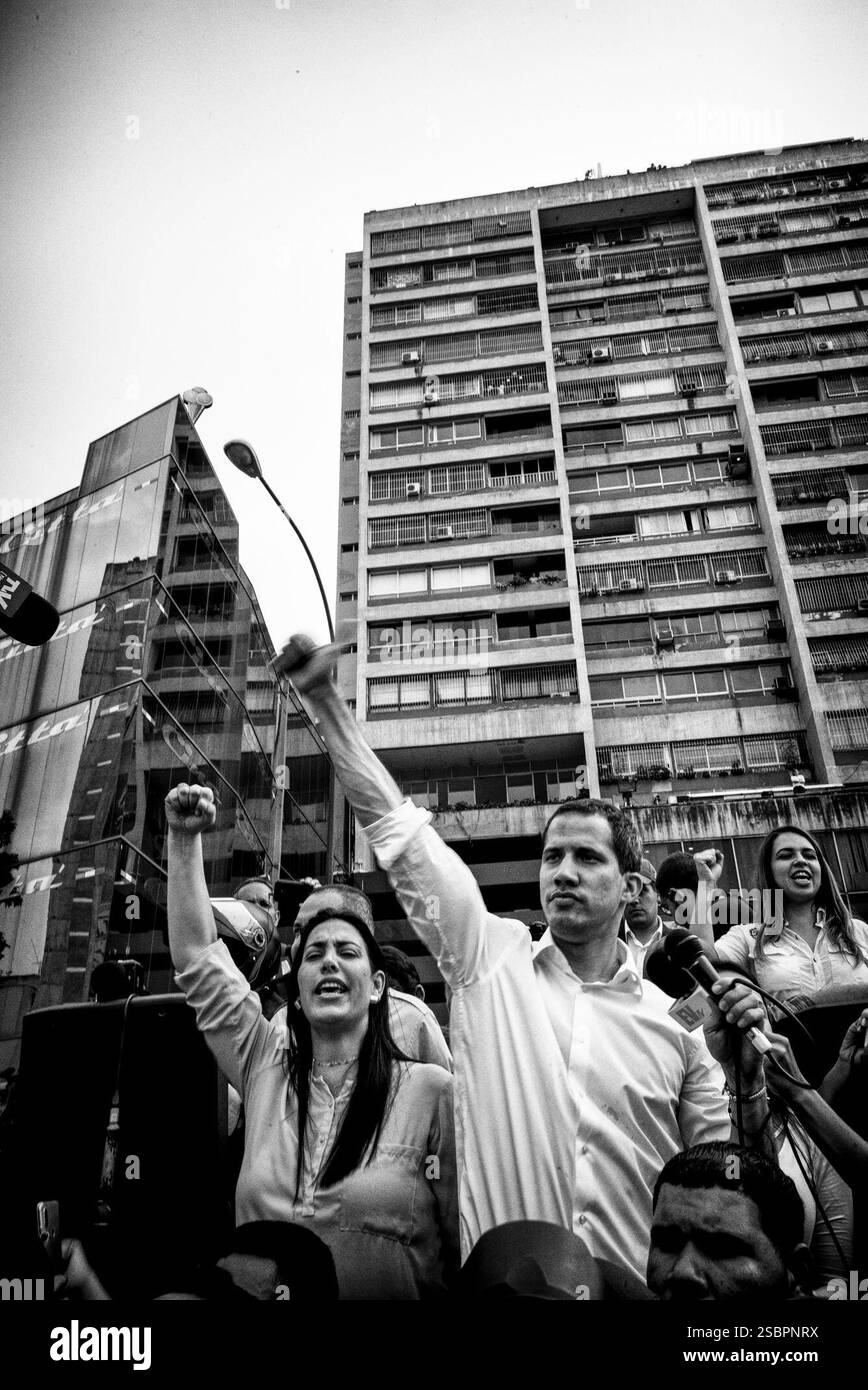 Ernesto Costante/Wostok Press Venezuela, Caracas 10/04/2019  Juan Guaido self proclaimed interim president of Venezuela, speaks at a rally in Caracas. The opposition called for demonstrations across the country to protest against blackouts, water shortages Stock Photo