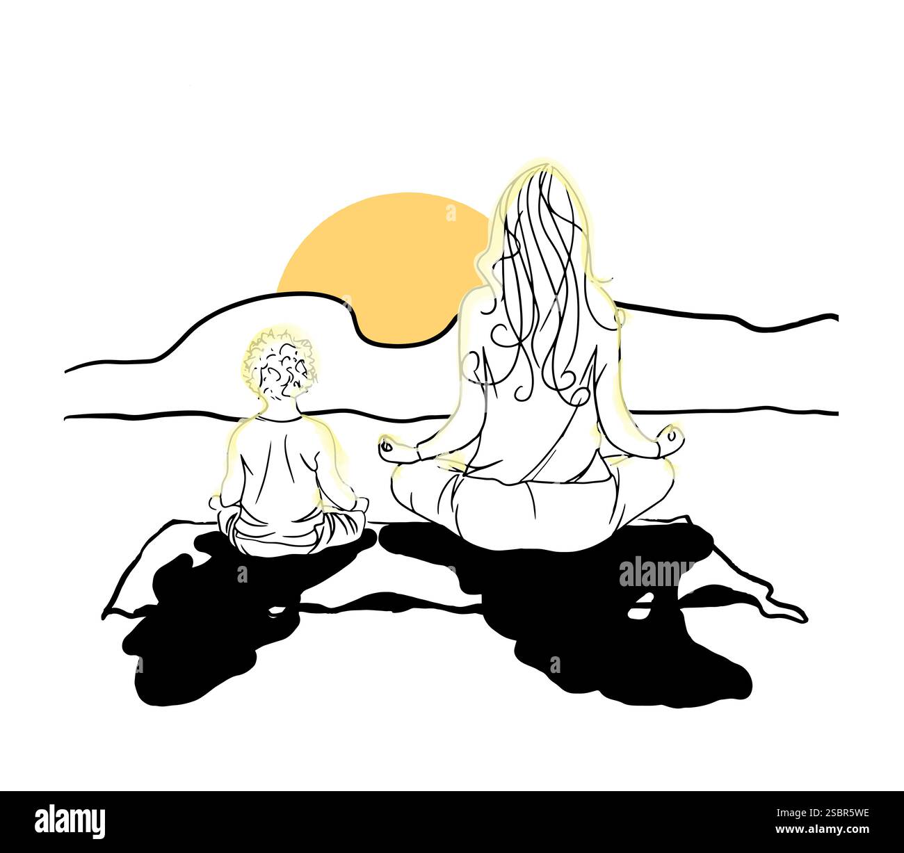 A woman with a child sit and look at the sun. A simple, calm drawing ...