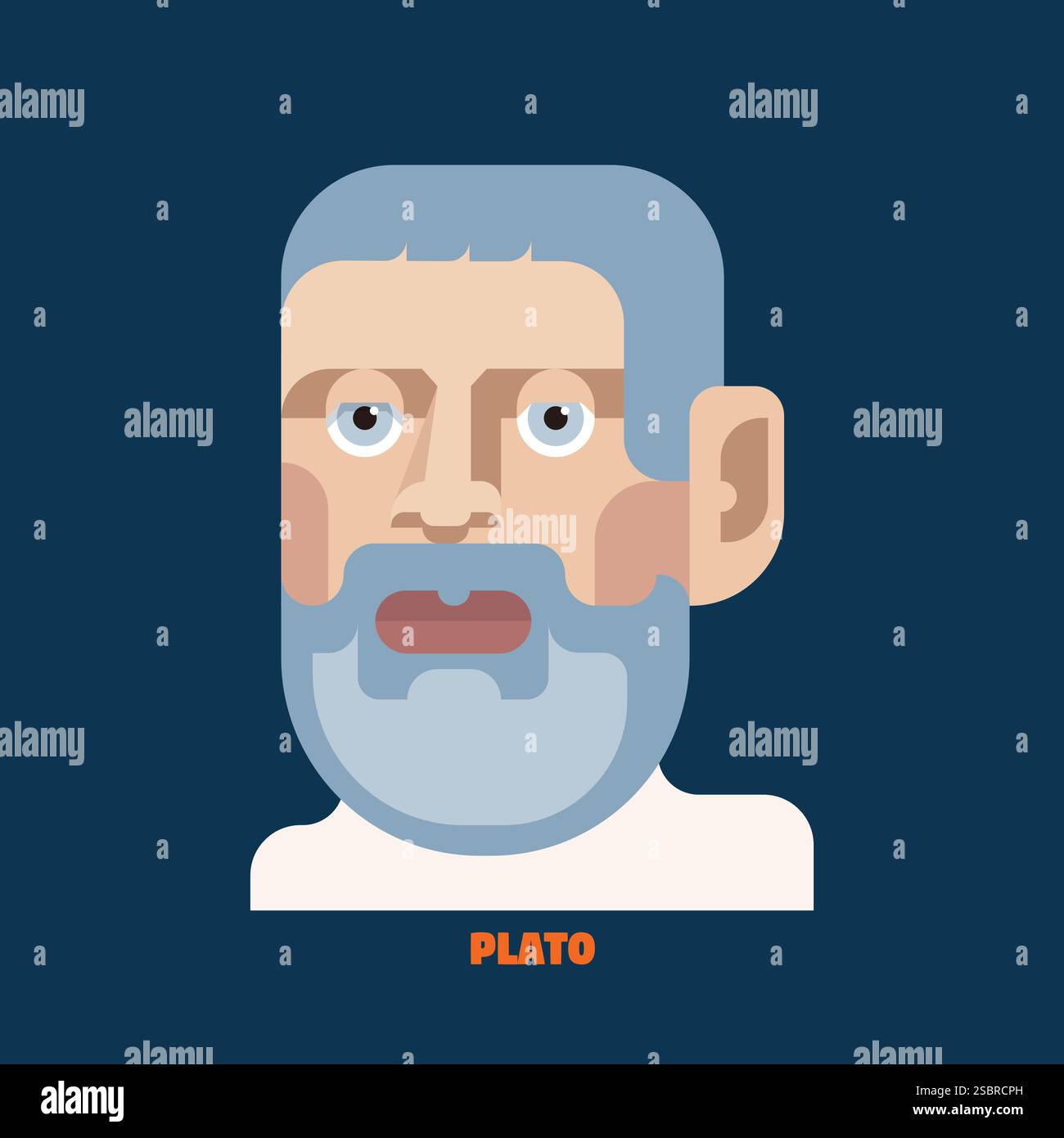 Minimalist vector flat portrait of Plato, featuring clean lines, geometric shapes, pale colors. Philosopher and founder of Western thought Stock Vector