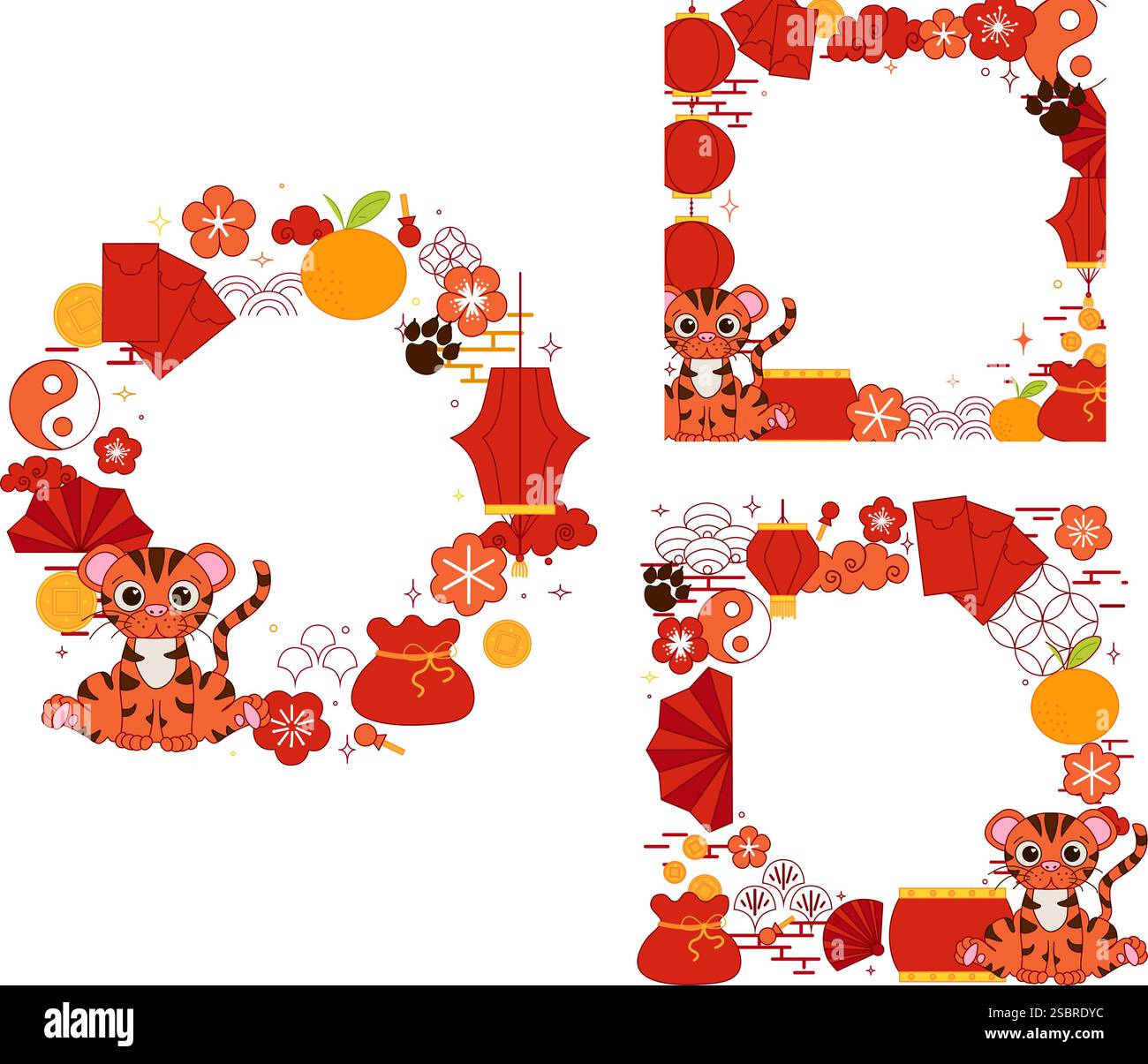 Chinese New year of Tiger 2034 vector graphic line round circle frame set. style banner frame scroll board decoration on transparent background CNY la Stock Vector