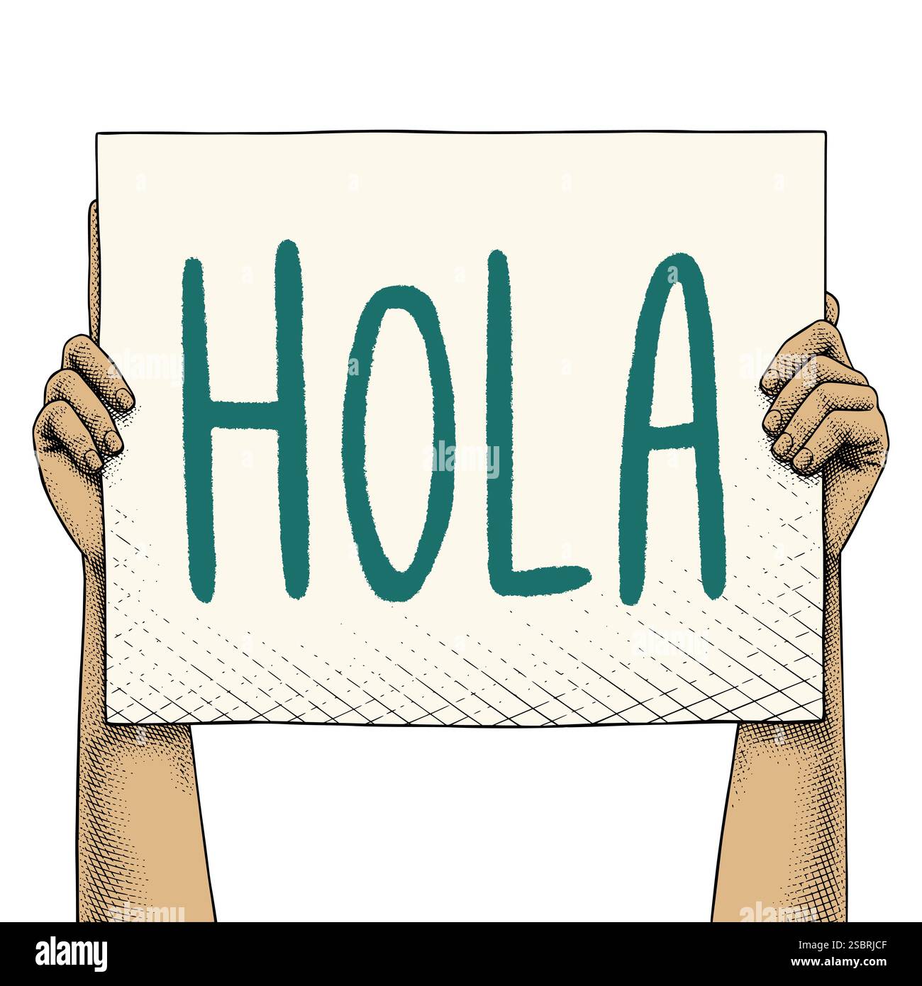 Hand raising a sign that says Hola Colored Stock Vector