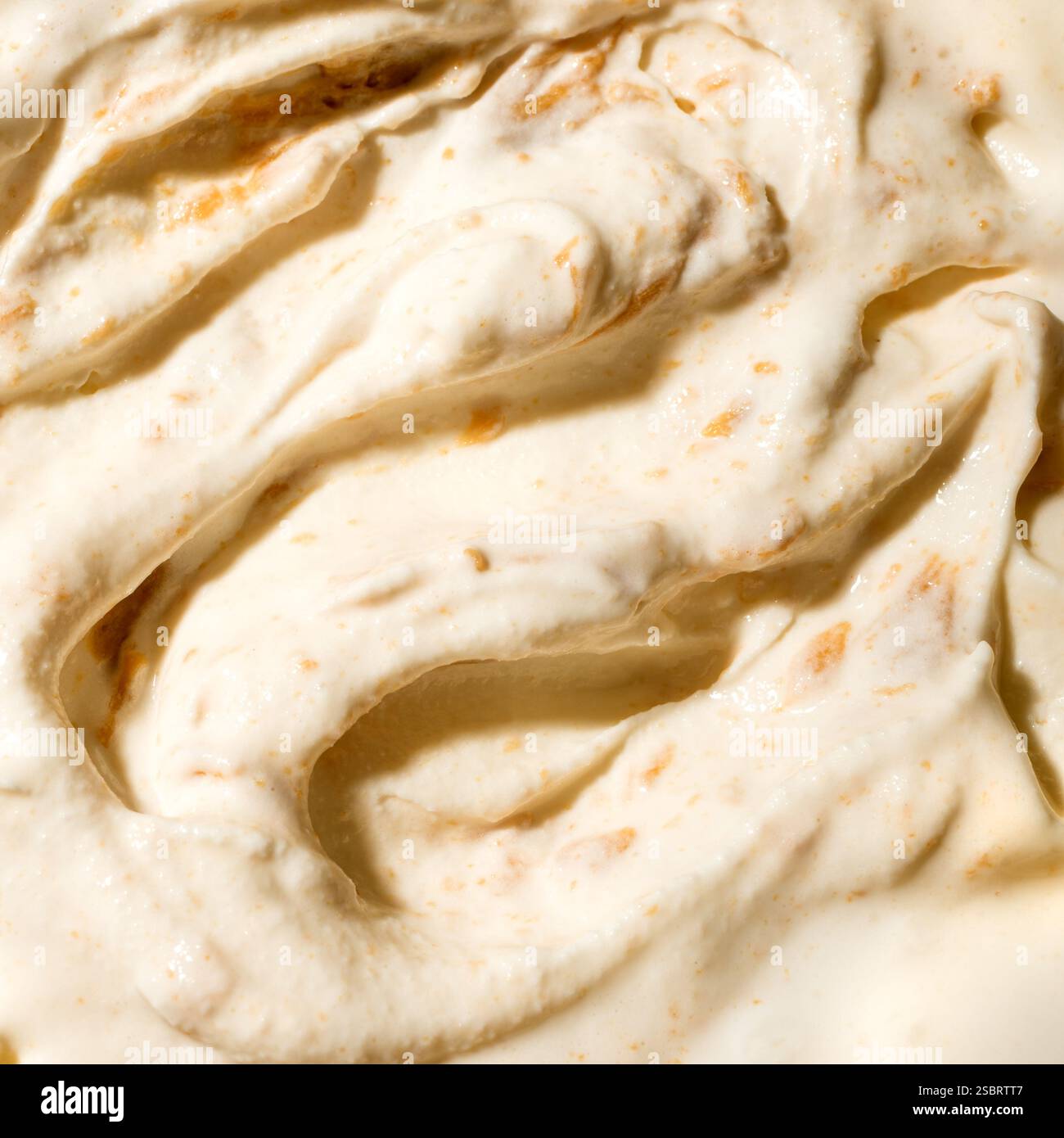 Salted caramel ice cream with pieces on brown sugar close up. Frozen yogurt with peanut butter texture. Stock Photo