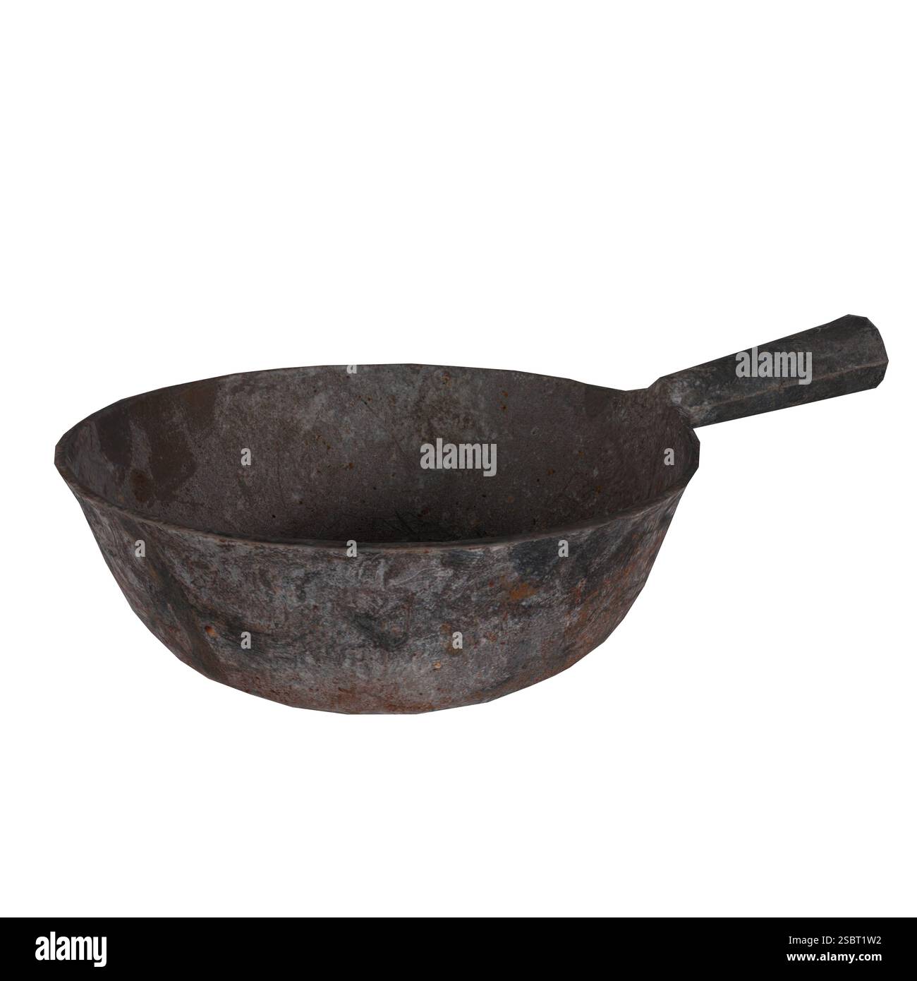 A worn-out iron frying pan rests on a plain white surface, showcasing its rustic charm. Stock Photo
