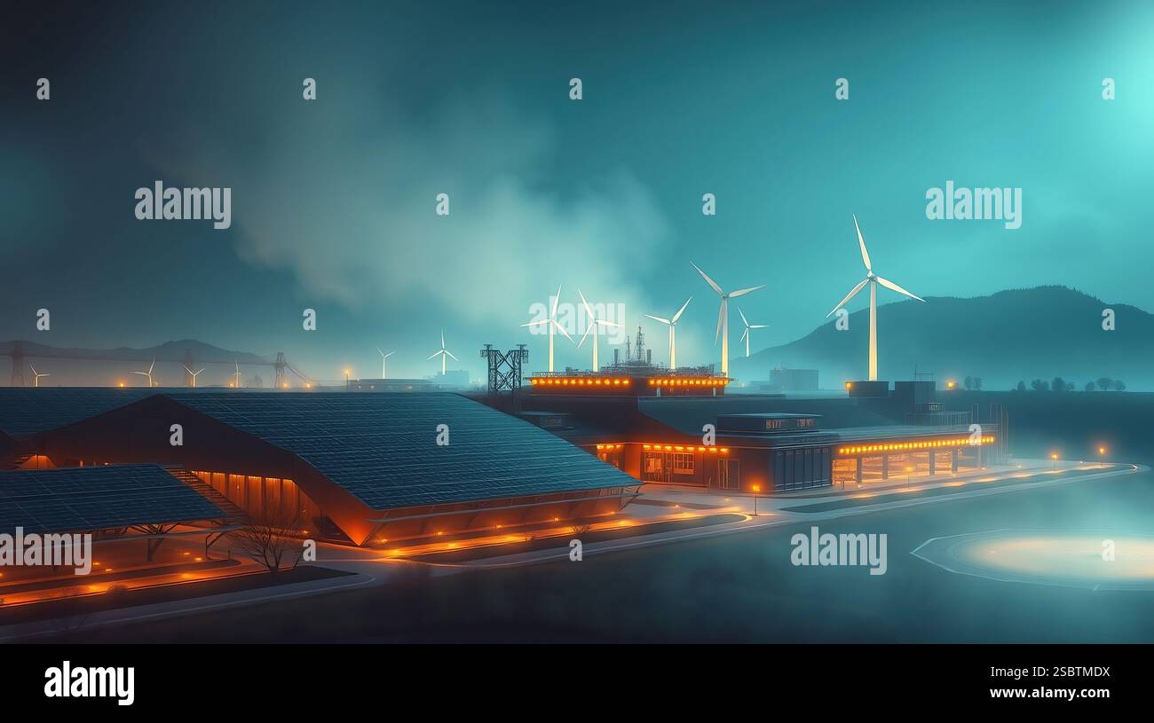 Modern renewable energy facility with wind turbines and solar panels ...