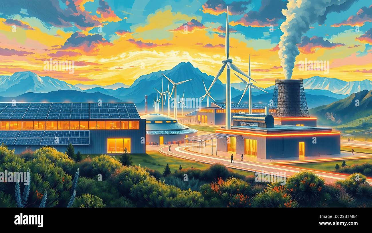 Modern renewable energy facility with wind turbines and solar panels ...
