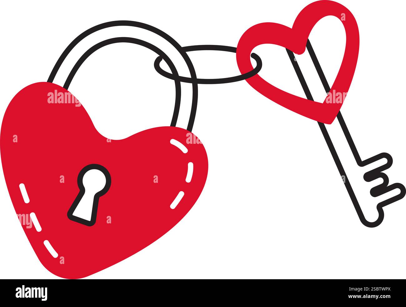 Heart shaped padlock with key doodle style Hand drawn trendy flat style ...
