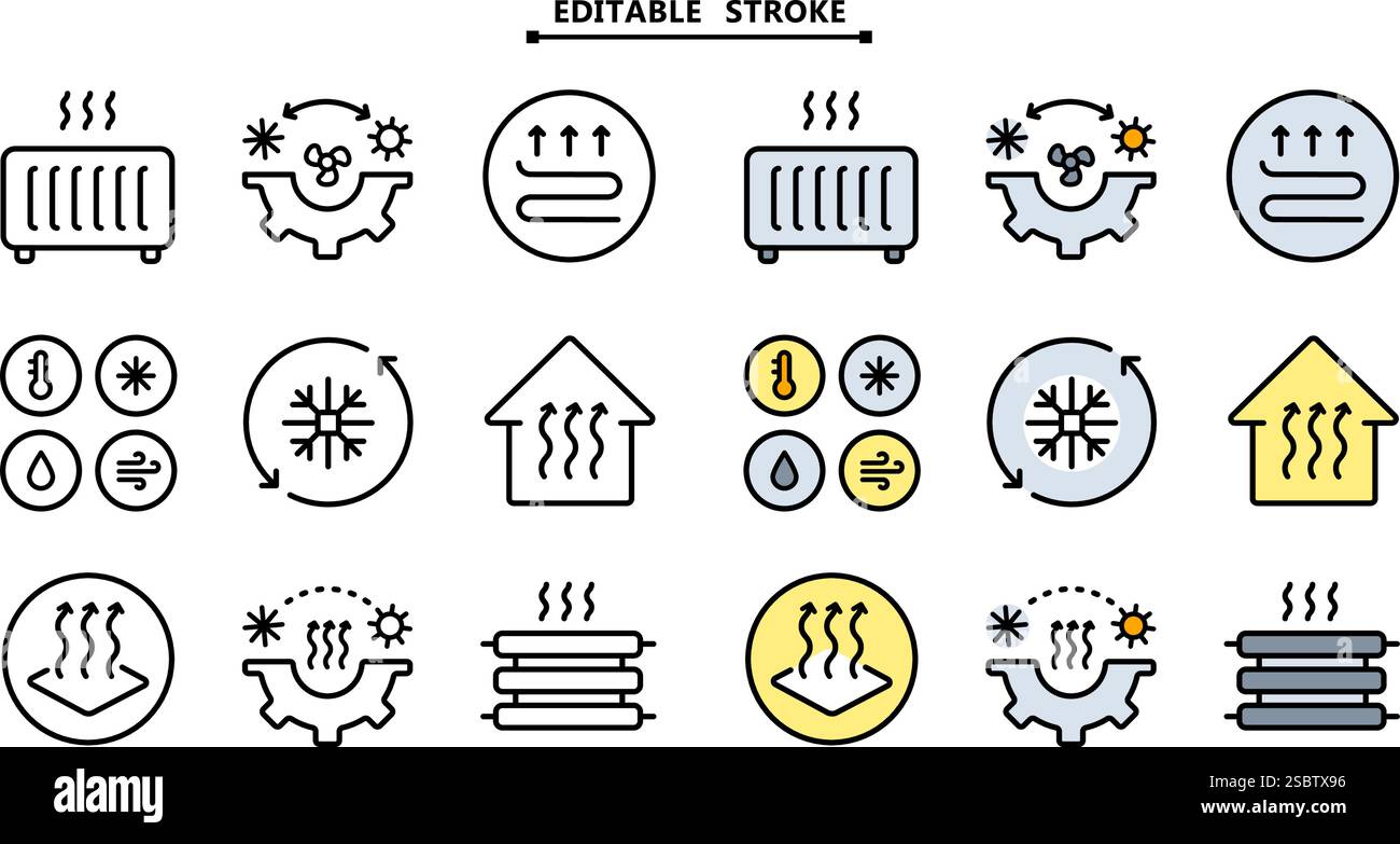 HVAC icons set. Editable stroke. Commercial services. Heating and ...