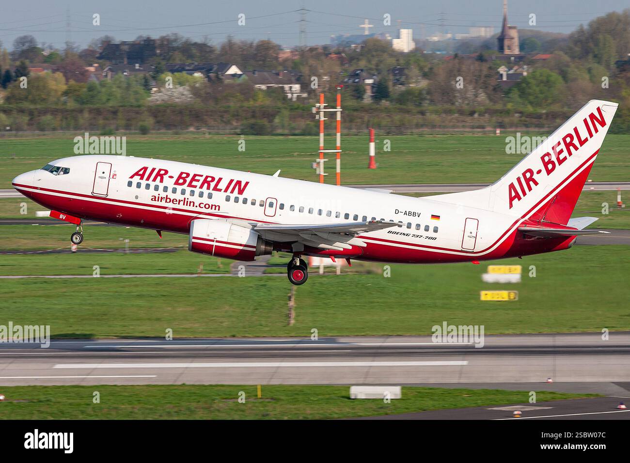 German Air Berlin Boeing 737-700 with registration D-ABBV just airborne at Dusseldorf Airport Stock Photo