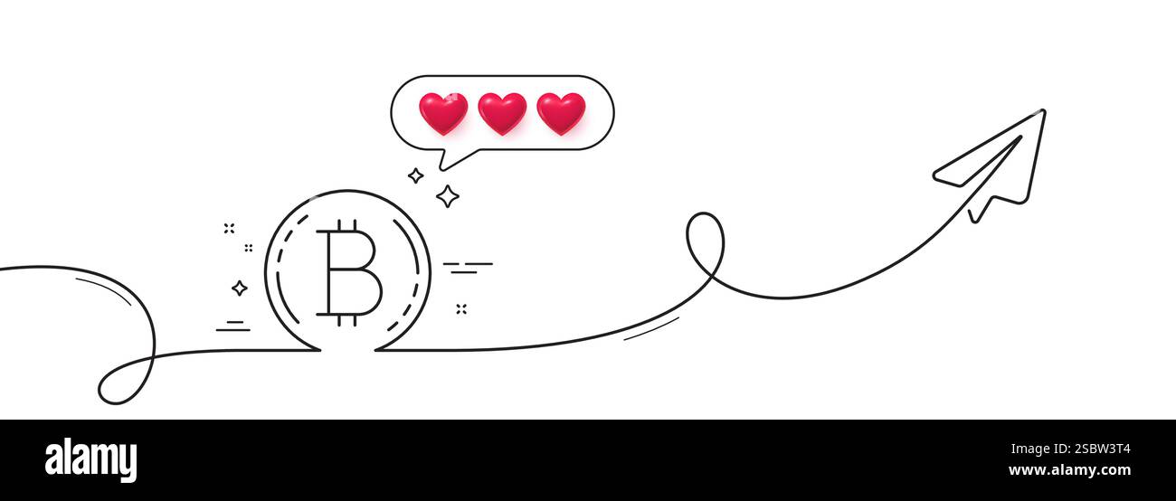 Bitcoin line icon. Cryptocurrency coin sign. Continuous line with plane. Vector Stock Vector