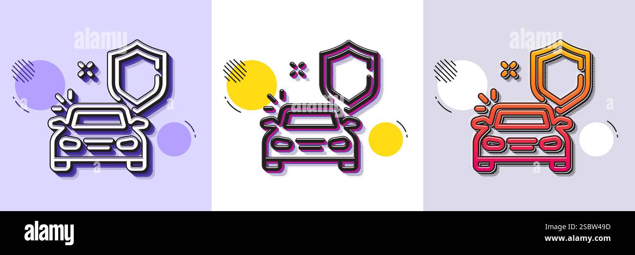 Car secure line icon. Insurance shield sign. Halftone dotted pattern. Vector Stock Vector