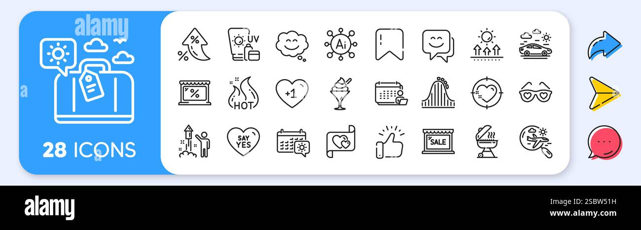 Fireworks, Grill and Sun protection line icons. For web app, printing ...