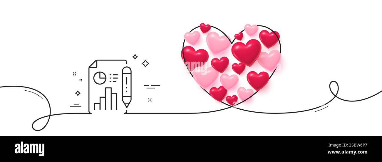 Report document line icon. Column graph sign. Continuous line big heart ...