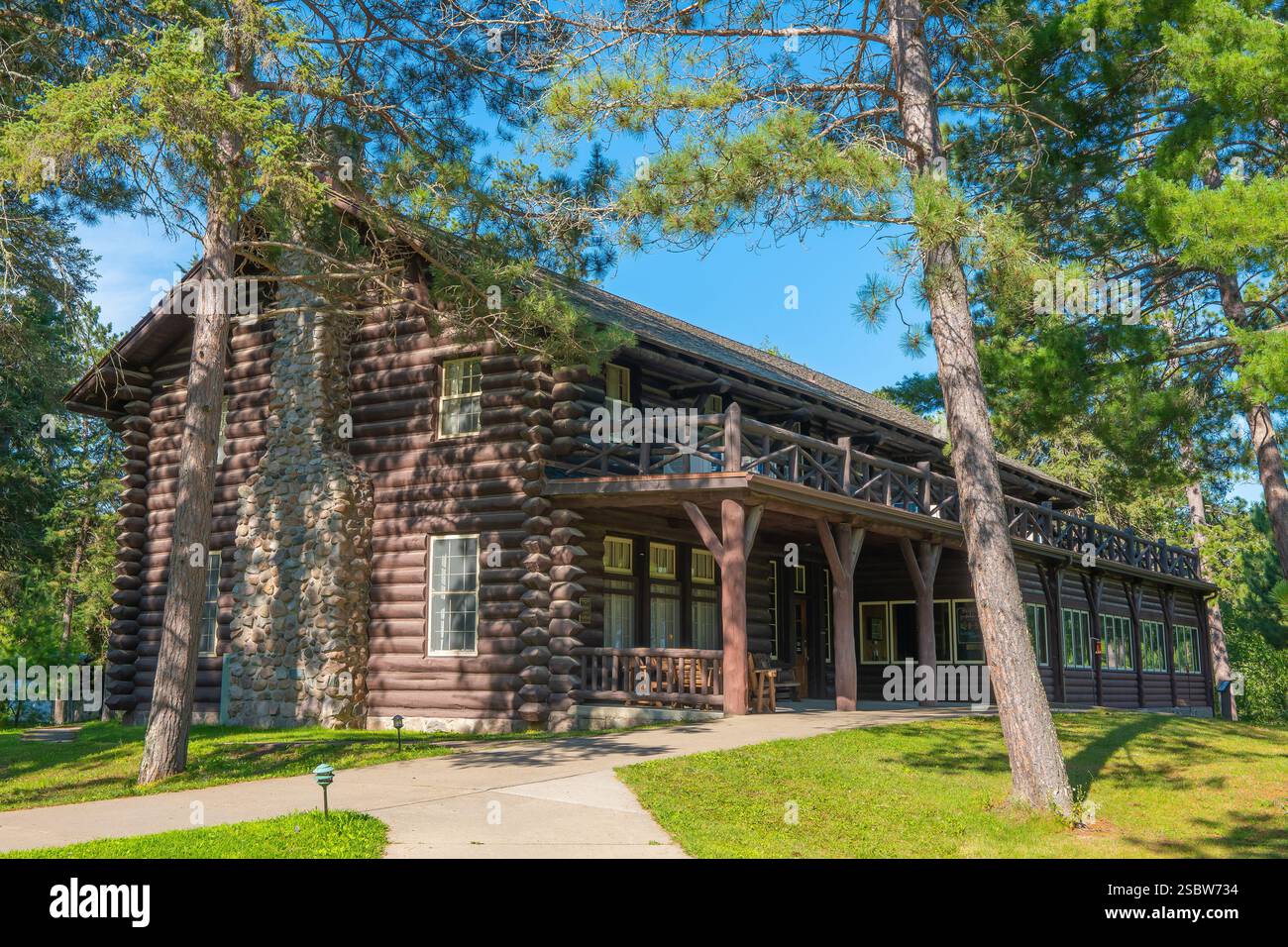 CLEARWATER CO. MN - 11 AUG 2024: Douglas Lodge, a vintage log hotel in Itasca State Park, the popular and oldest state park in Minnesota. Stock Photo