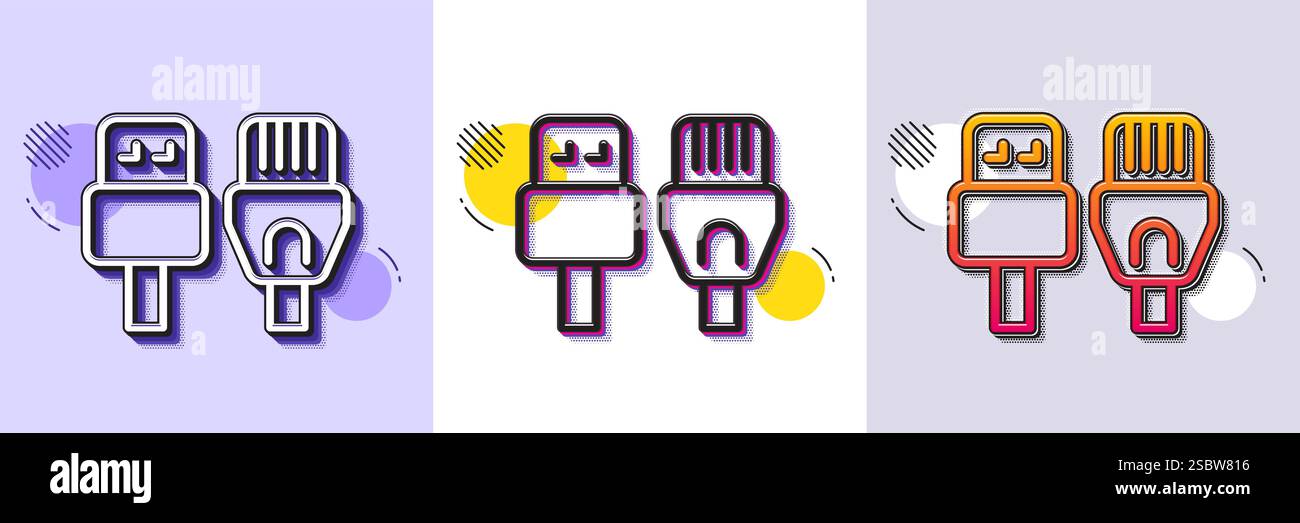 Computer cables line icon. Usb, rj45 connection wires sign. Halftone dotted pattern. Vector Stock Vector