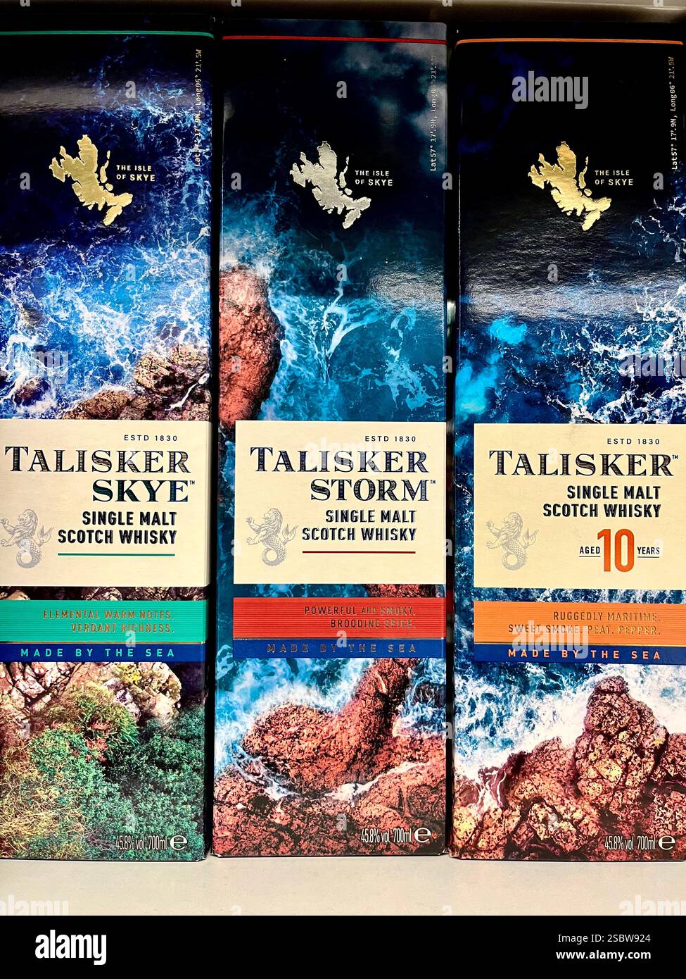Talisker Whisky selection, Talisker Skye, Talisker Storm, Talisker 10 years, consumerism, Scotch whisky, Talisker Scotch, single malt Scotch whisky - Smartphone Captured Stock Image