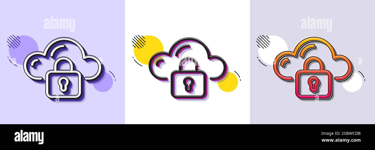 Cloud computing protection line icon. Internet data storage sign. Halftone dotted pattern. Vector Stock Vector