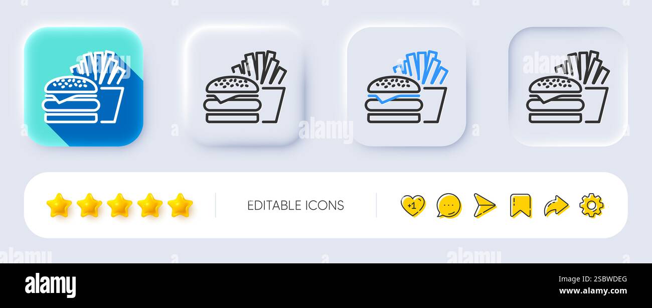 Burger with fries icon. Fast food restaurant. Neumorphic buttons ...