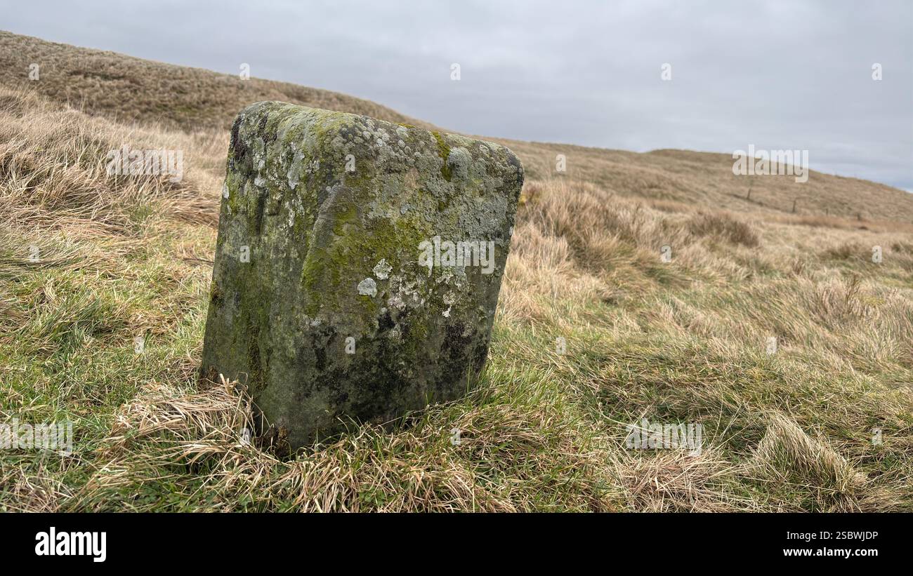 Ancient Scottish stone way marker in the moorlands of Scotland in the Highlands. Grassland - Smartphone Captured Stock Image
