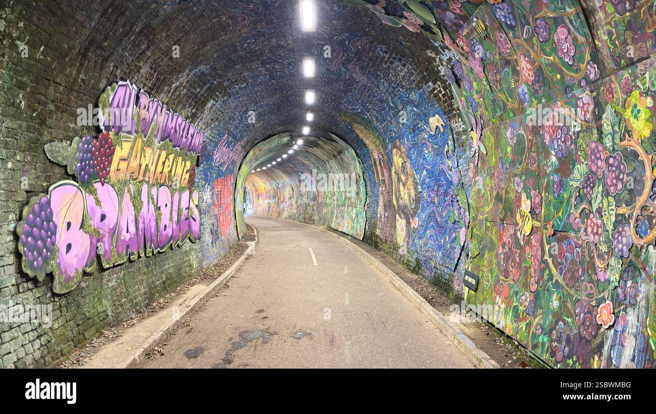 Colinton Tunnel art installation. Graffiti designs in an old railway tunnel.  Edinburgh, Scotland. Old railway line track public right of way cycle pa - Smartphone Captured Stock Image
