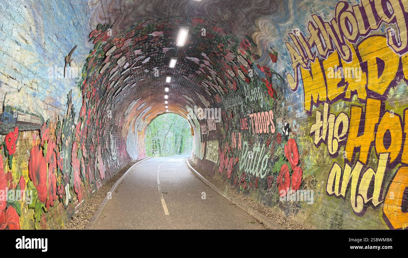 Colinton Tunnel art installation. Graffiti designs in an old railway tunnel.  Edinburgh, Scotland. Old railway line track public right of way cycle pa - Smartphone Captured Stock Image