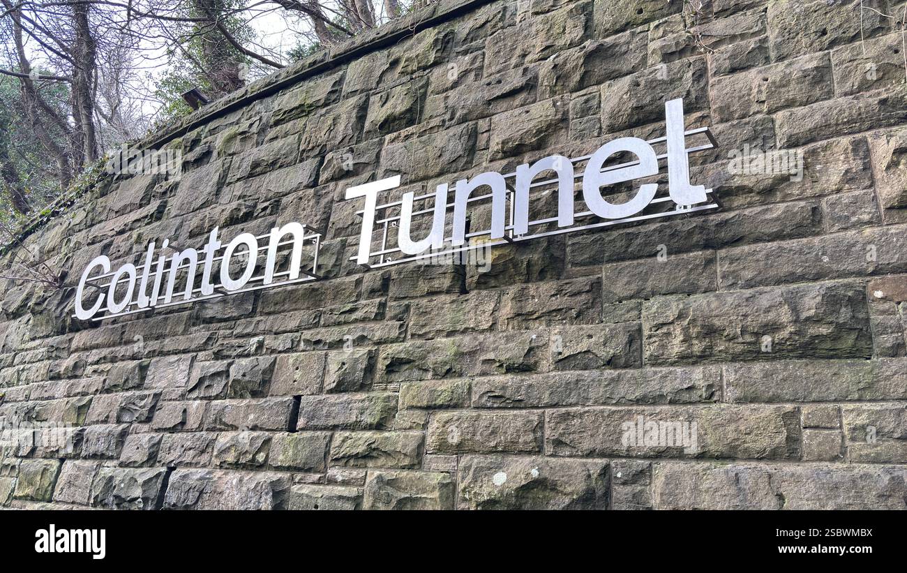 Colinton Tunnel art installation. Graffiti designs in an old railway tunnel.  Edinburgh, Scotland. Old railway line track public right of way cycle pa - Smartphone Captured Stock Image