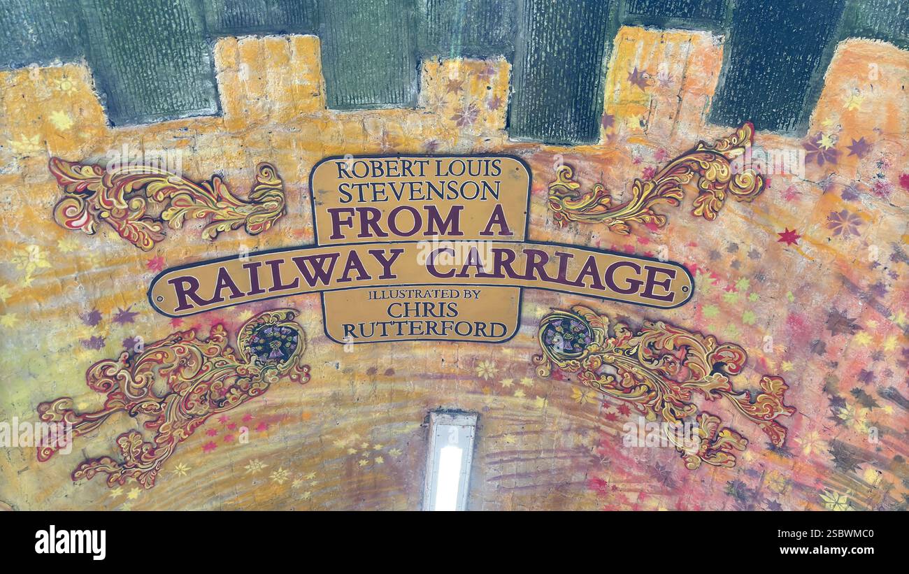 Colinton Tunnel art installation. Graffiti designs in an old railway tunnel.  Edinburgh, Scotland. Old railway line track public right of way cycle pa - Smartphone Captured Stock Image