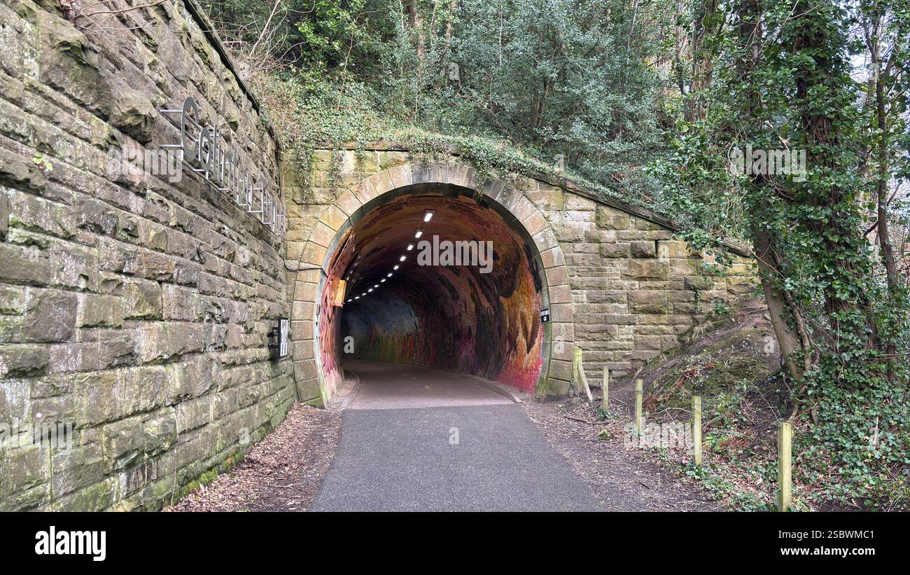 Colinton Tunnel art installation. Graffiti designs in an old railway tunnel.  Edinburgh, Scotland. Old railway line track public right of way cycle pa - Smartphone Captured Stock Image