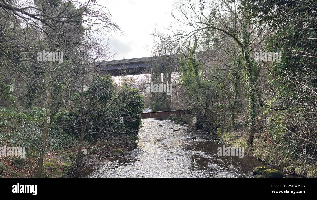 The Water of Leith river in central Scotland. Waterway with walk along side. Runs through the centre of Edinburgh. - Smartphone Captured Stock Image