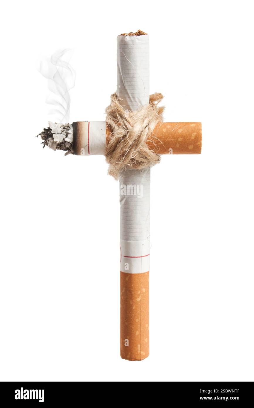 graveyard cross from cigarettes isolated on a white background Stock Photo