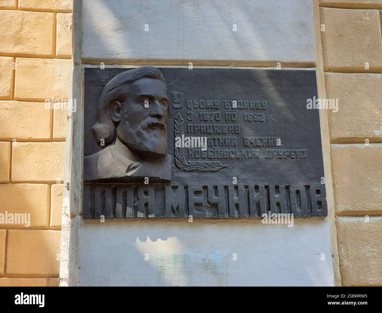 Plaque in honour of Novel prize laureate I.I. Mechnykov on main building of Odesa I. I. Mechnykov National University (Odesa National University, ONU) - Smartphone Captured Stock Image