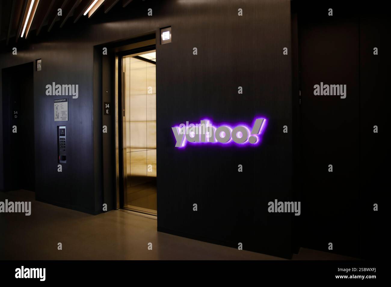 IMAGE DISTRIBUTED FOR YAHOO - The elevator bank featuring a Yahoo logo ...