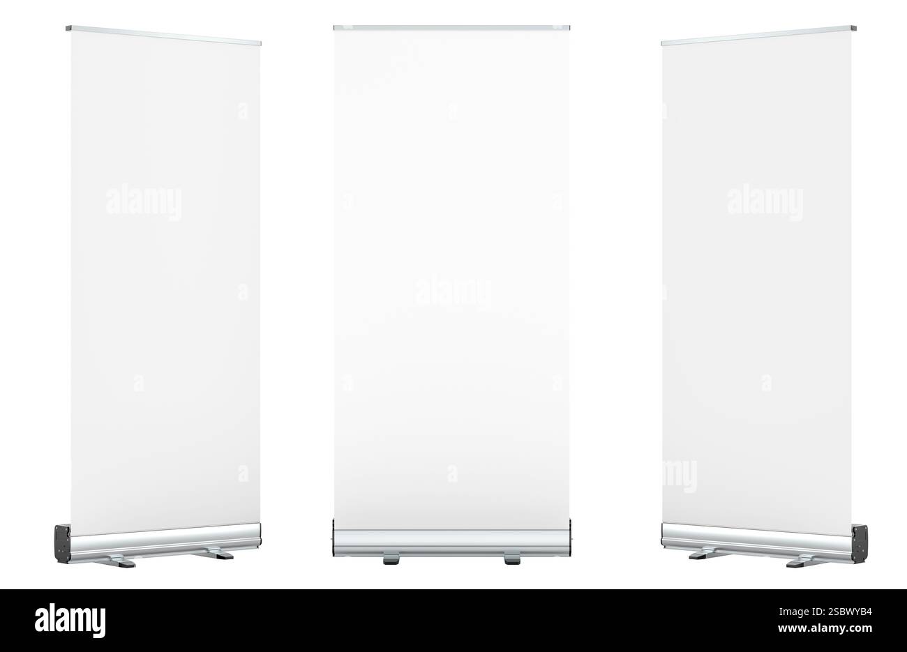 Blank Roll Up Banners. Rollup aluminium self-rolling display stands, self-rolling advertising displays. Mockup, template. 3D rendering isolated on whi Stock Photo