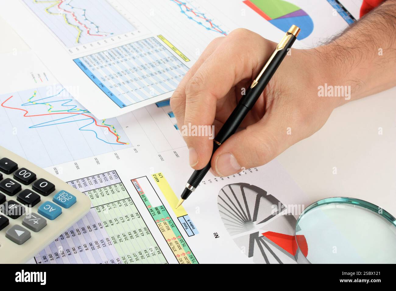 Graphs tables and documents laid on the table Stock Photo